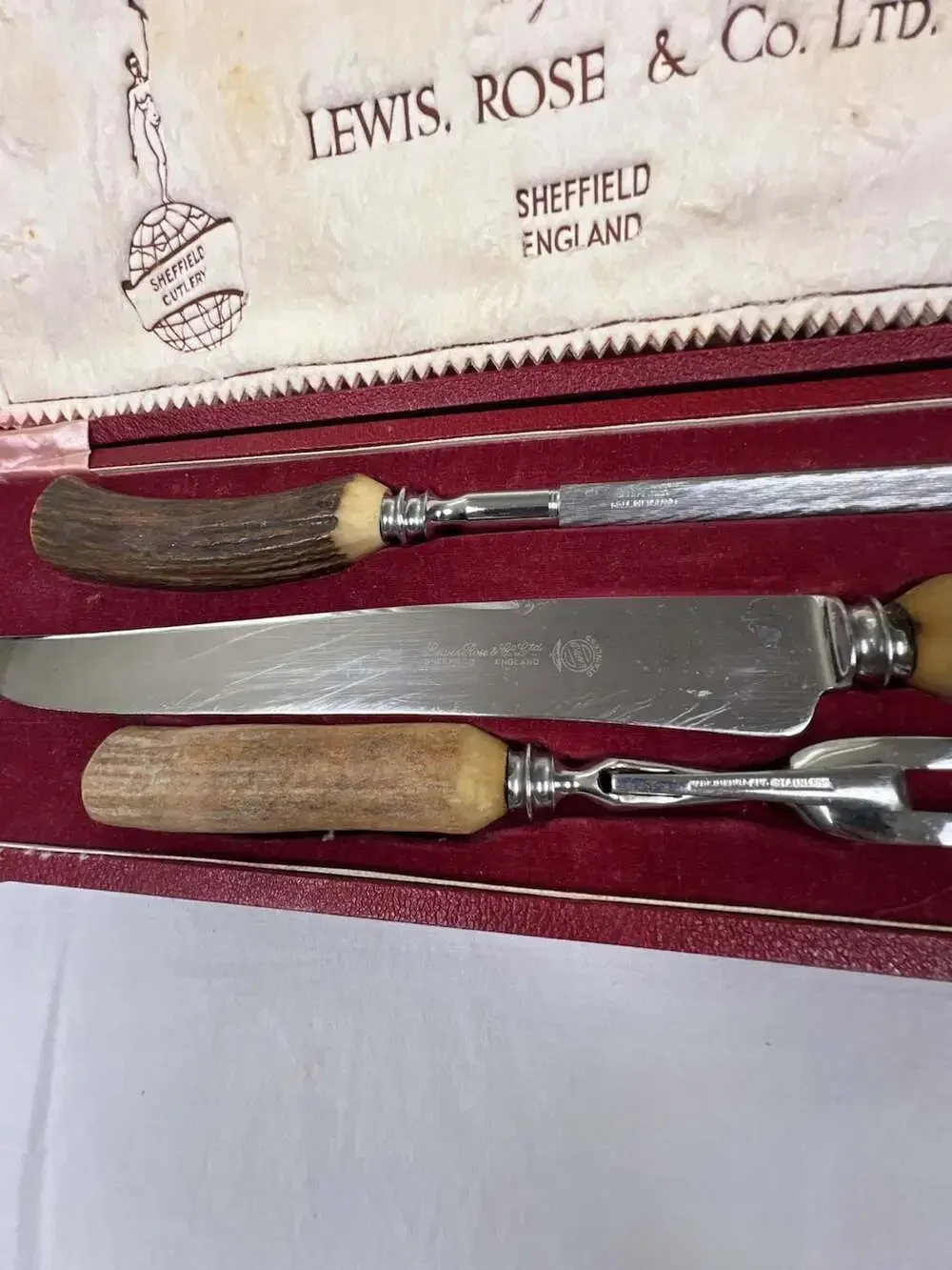 Lewis, Rose & Co. Ltd. Sheffield England Real Stag Horn Carving Set in Box